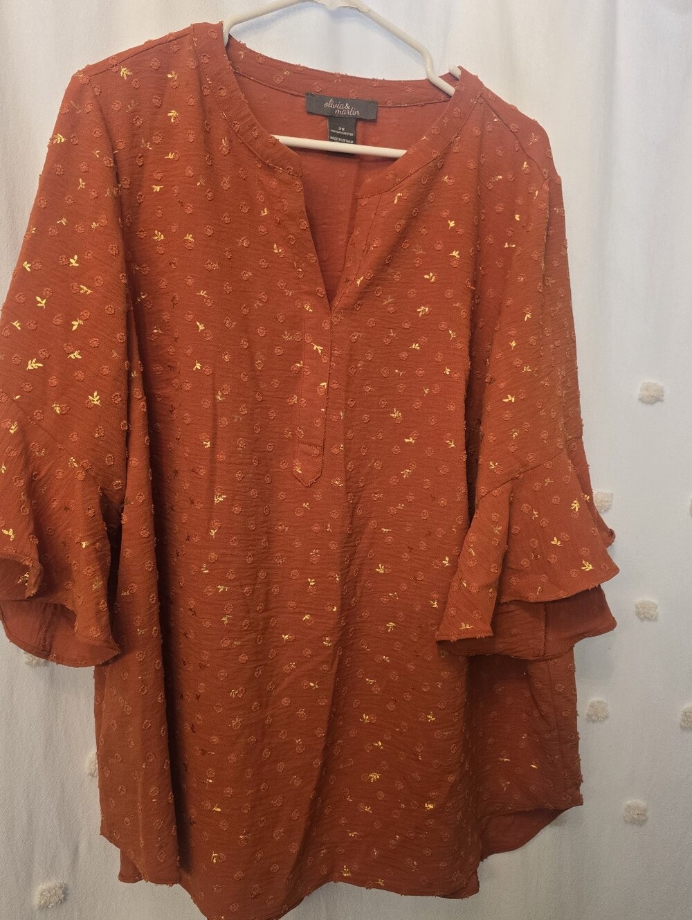 Olivia & Martin Rust Orange Metallic Dot Ruffle-Sleeve Tunic Size 2x Fall Vibes!